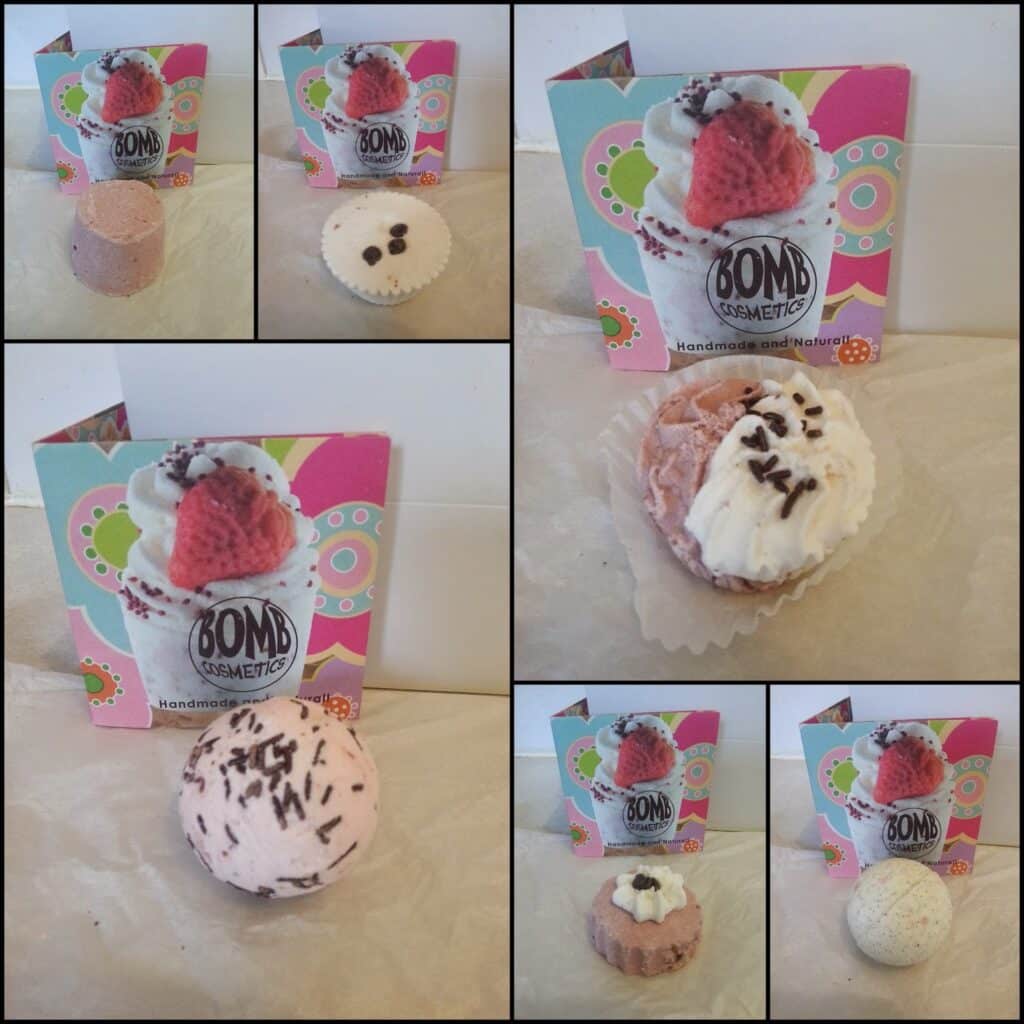 A collage of eight photos displays various bath bombs and soaps, shaped like cupcakes, ice cream, and spheres, in pastel colours. Each item is placed in front of a colourful "Bomb Cosmetics" card with a cupcake illustration.