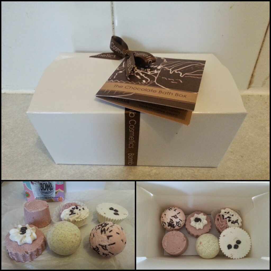 A white rectangular box with a brown ribbon and “The Chocolate Bath Box” label on top. Below, two photos show six round, bath bomb-like items in assorted pastel colours with chocolate-like decorations, arranged on a flat surface and in a box.
