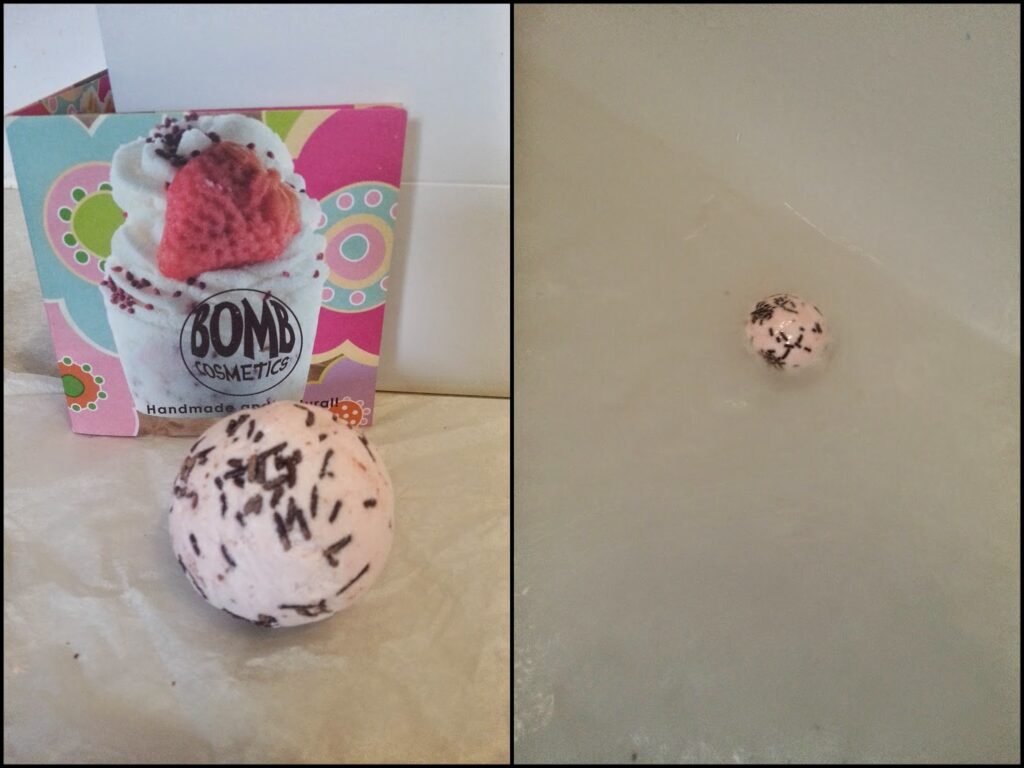Two-panel image: Left shows a pink-and-white bath bomb with chocolate-like sprinkles beside colourful Bomb Cosmetics packaging. Right shows the same bath bomb partially dissolved, floating in a bathtub filled with water.