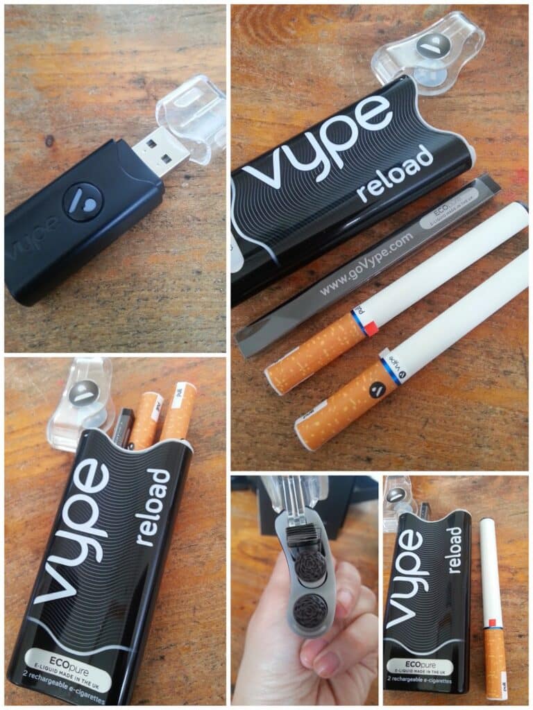 A collage shows a black Vype reload e-cigarette kit with USB charger, rechargeable e-cigarette sticks resembling cigarettes, and a case holding two sticks. One photo shows the two cartridge tips, another shows the case open on a wooden surface.