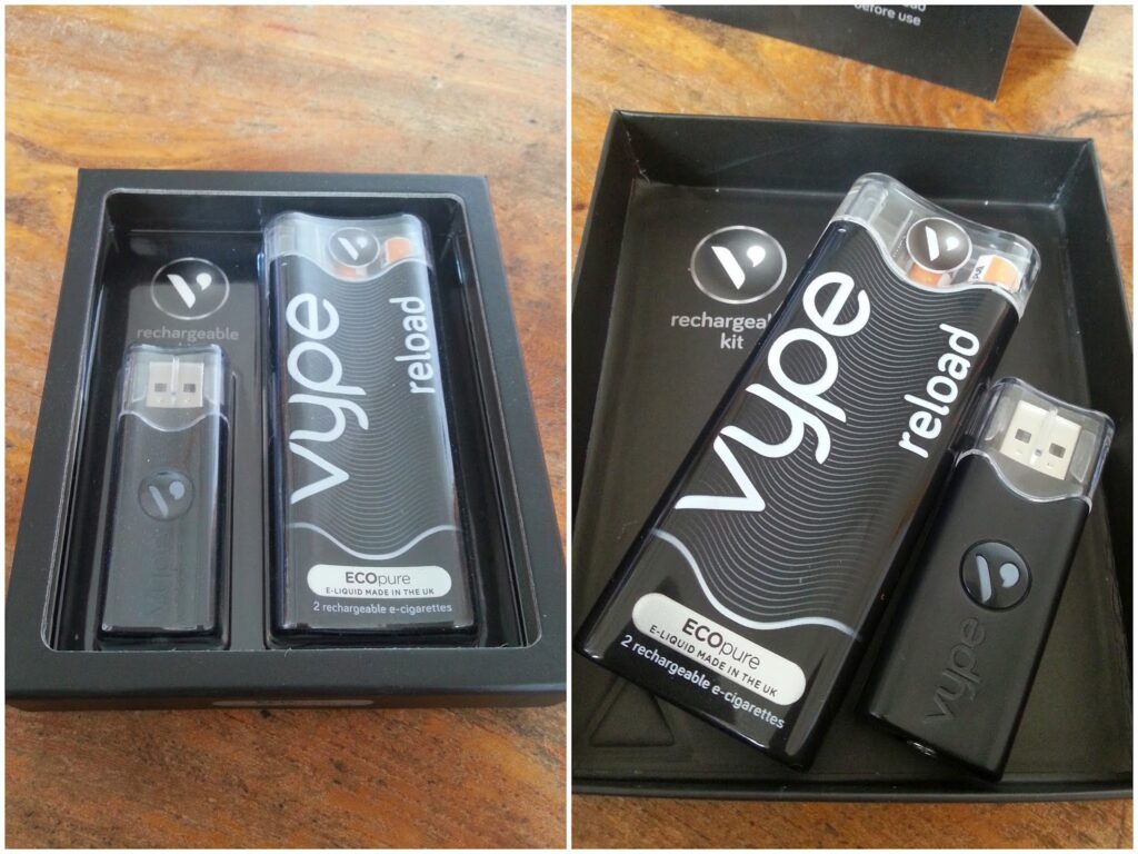 The image shows two views of a Vype Reload vape starter kit. The black box contains a USB charger and a slim black vape device labelled “vype reload.” Both items are neatly packed with branding that reads “rechargeable kit” and “ECOuure”.
