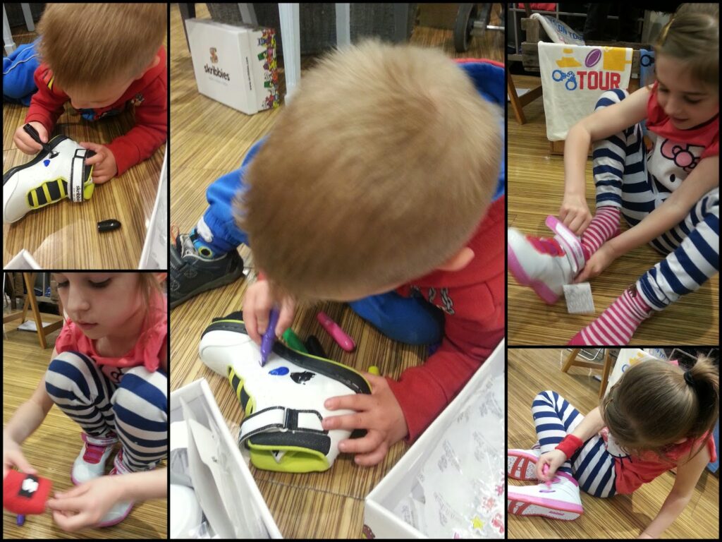 A young child decorates white trainers with coloured felt-tip pens. The collage shows close-ups of the child drawing designs, carefully colouring stripes and other details, sitting on a wooden floor, and a girl trying on the newly decorated shoes, smiling and wearing striped trousers.