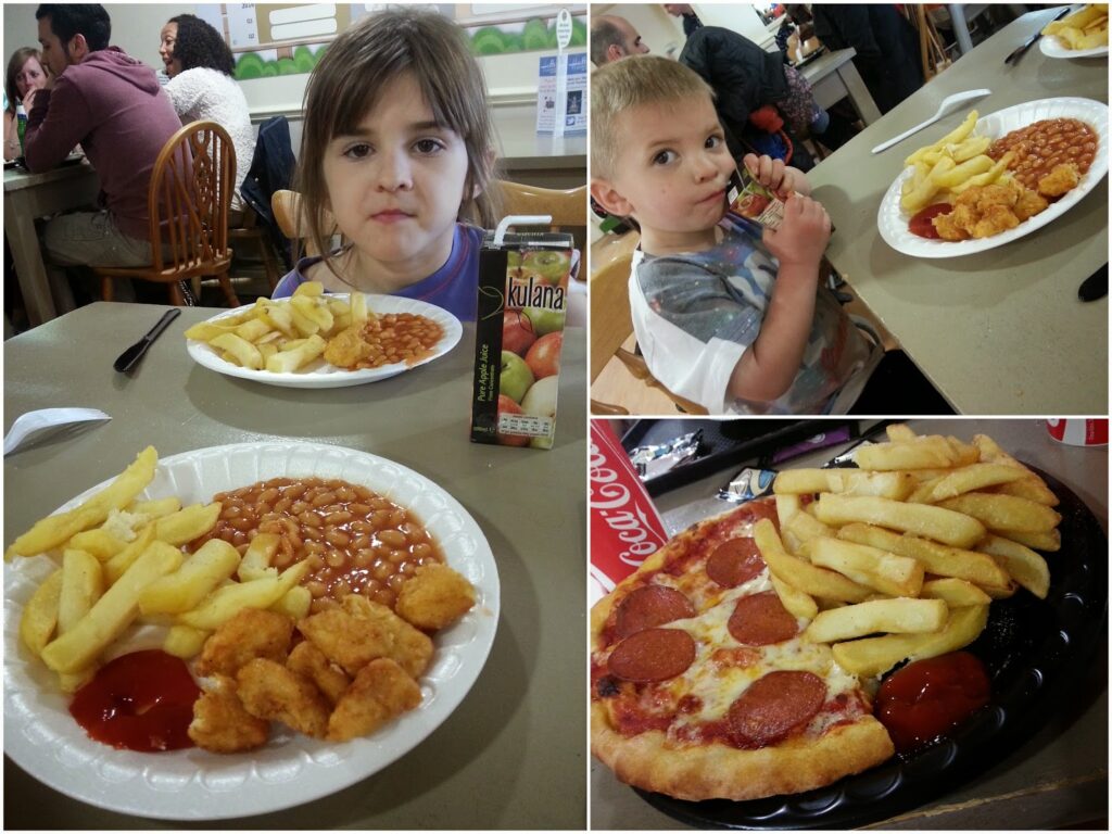 A collage shows two kids at a restaurant table eating plates of chips, baked beans, and chicken nuggets, with apple juice cartons beside them. Another plate features a pepperoni pizza with chips. Other diners are visible in the background.
