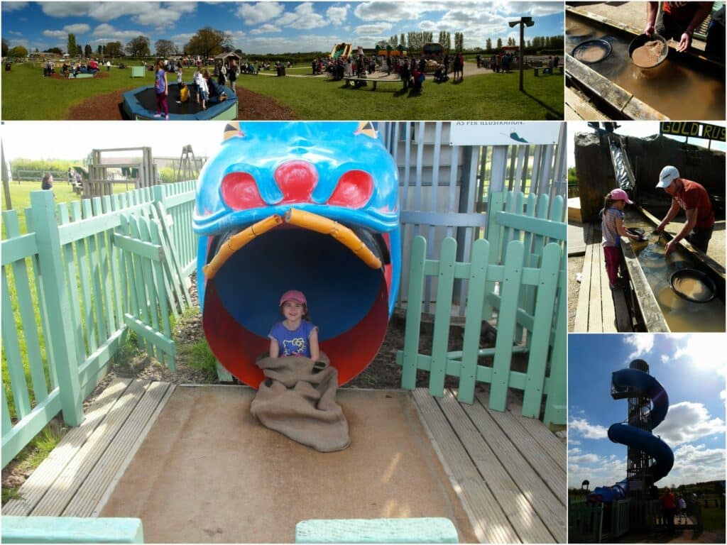 A collage shows children at an outdoor park: kids play in an open field, a girl leaves a blue dragon slide, people pan for gold in water troughs, and a tall spiral slide towers under a blue sky with a few clouds.