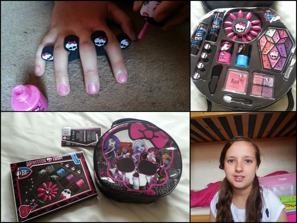 A collage of three images: top left, a hand with pink nail varnish and Monster High skull nail stickers; top right, an open Monster High make-up kit with bold colours and brushes; bottom, a girl with long brown hair sits and smiles next to the closed make-up kit in its case.