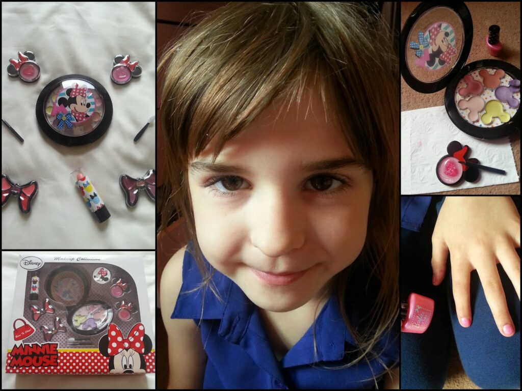 A collage shows: Minnie Mouse-themed make-up kit items, a close-up of a smiling child, the make-up kit packaging, a compact open to reveal make-up, and a child's hand with pink nail varnish being applied.