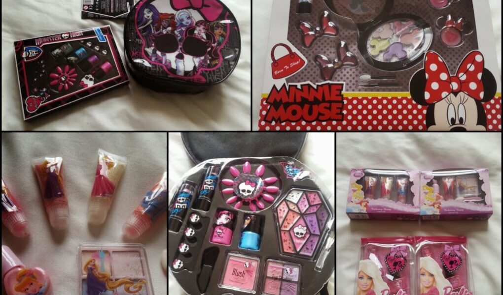 A collage of five images shows children’s make-up sets. Designs feature Hello Kitty, Minnie Mouse, Barbie, and Disney princesses. Items include lip gloss, blusher, eyeshadow, brushes, and packaging with cartoon characters and pink, purple, and black colours.