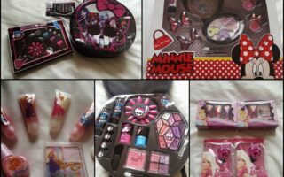 A collage of five images shows children’s make-up sets. Designs feature Hello Kitty, Minnie Mouse, Barbie, and Disney princesses. Items include lip gloss, blusher, eyeshadow, brushes, and packaging with cartoon characters and pink, purple, and black colours.