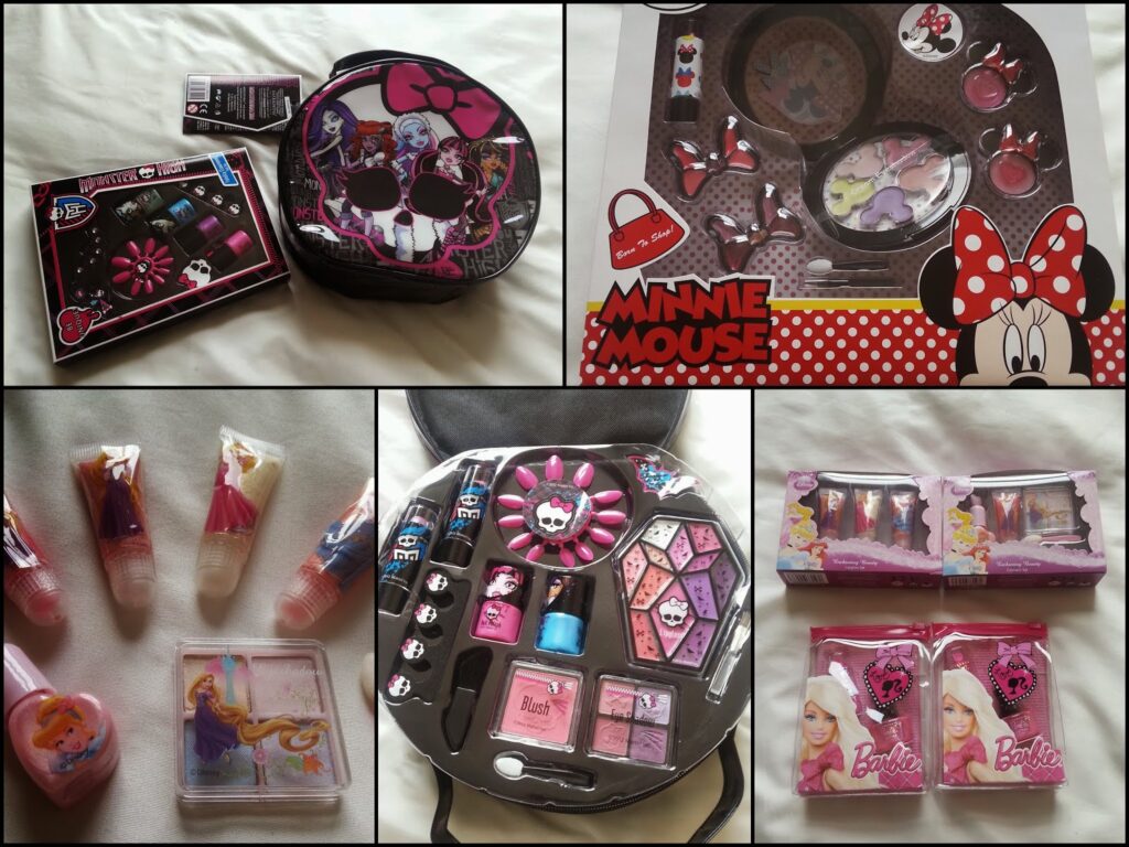 A collage of children’s make-up sets themed around Minnie Mouse, Monster High, Barbie, and Disney princesses, including palettes, lip glosses, brushes, and accessories. Packaging features bright colours and popular cartoon characters.