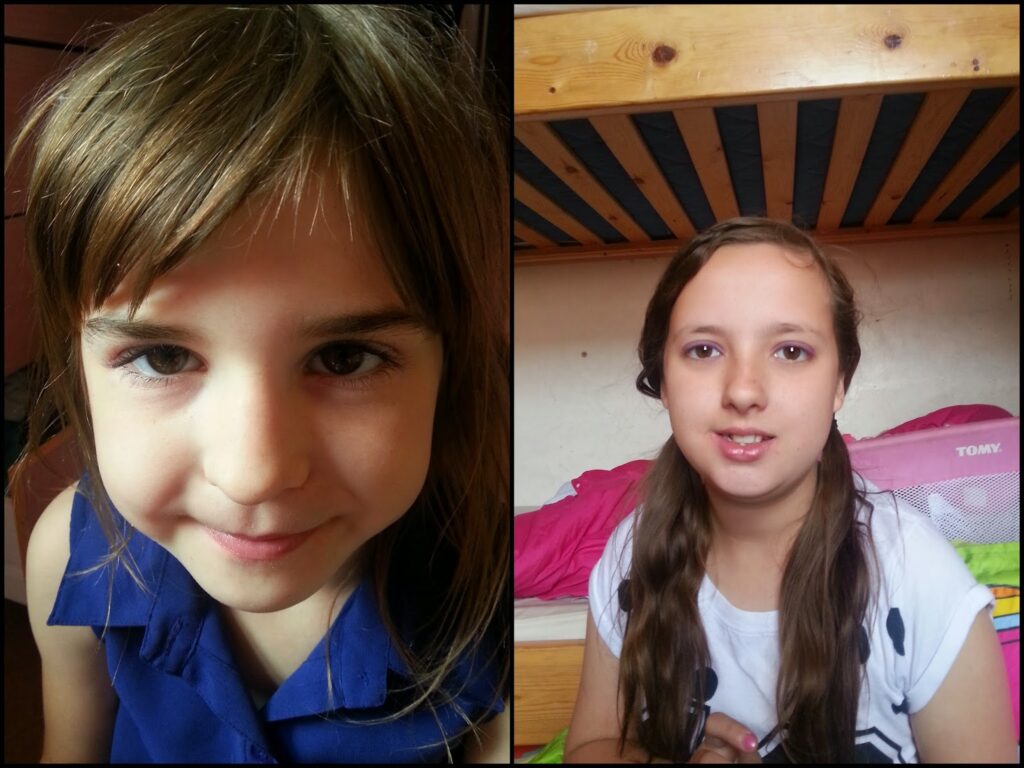 Split image: On the left, a young girl with long brown hair and a blue shirt smiles slightly at the camera. On the right, an older girl with long brown hair sits in front of a bunk bed, wearing a white shirt and light make-up, smiling softly.