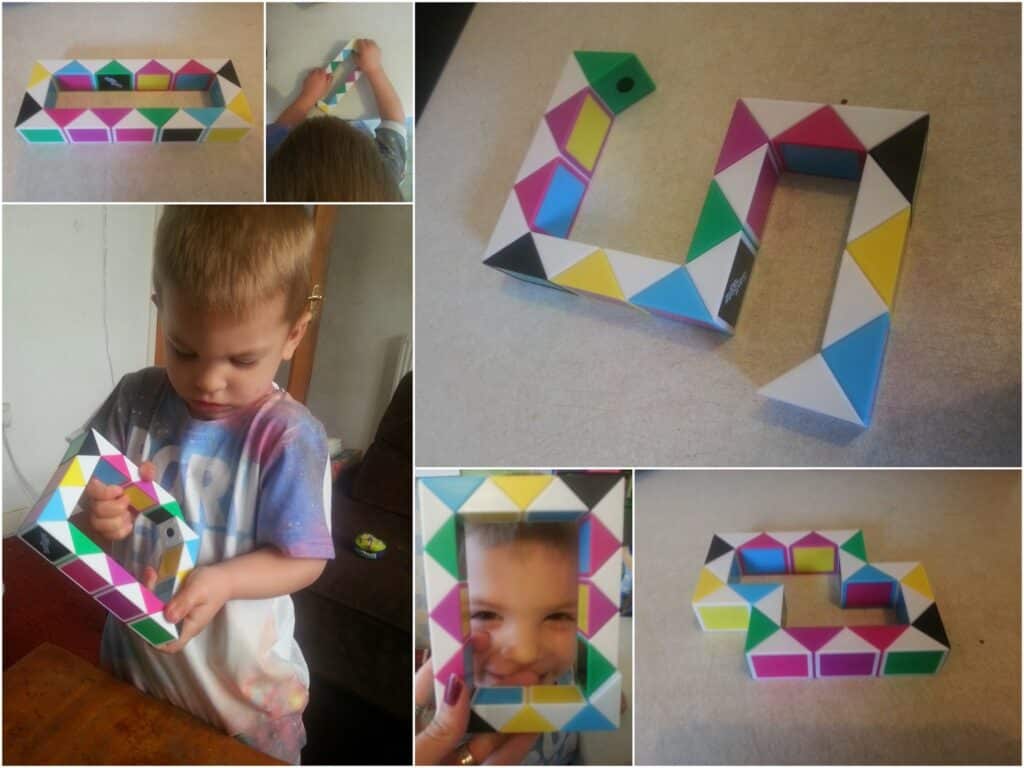 A collage shows a young child playing with a colourful geometric puzzle toy. The toy forms different shapes in each photo, and the child looks curiously and happily through a rectangular frame made from the puzzle. The toy has bright triangles and rectangles.