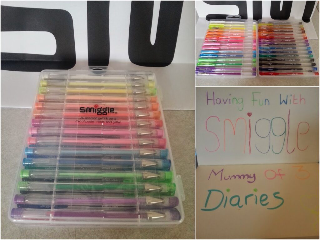 A plastic case of colourful Smiggle gel pens is shown closed (left) and open (top right), displaying the pens. Bottom right shows two handwritten note cards in pastel pen colours, saying “Having Fun With Smiggle” and “Mummy Of 3 Diaries.”.