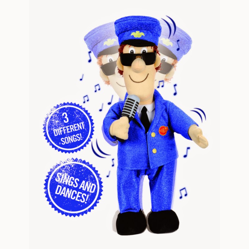 A soft toy dressed as a blue-uniformed train conductor holds a microphone, with musical notes and motion blur suggesting movement. Speech bubbles read “3 different songs!” and “Sings and dances!” on a plain white background.