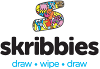 Skribbies logo with a large, playful letter "S" filled with colourful cartoon faces. Below, the word "skribblies" is in bold black lowercase letters. Underneath are the words "draw • wipe • draw" in blue lowercase text.
