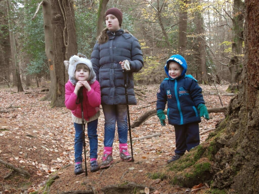 Three children stand in a forest with fallen leaves. The girl on the left wears a white animal-ear hat, pink jacket, and holds a stick. The middle girl, in a blue coat and brown hat, stands with a stick. The boy on the right wears a blue snowsuit and gloves, smiling.