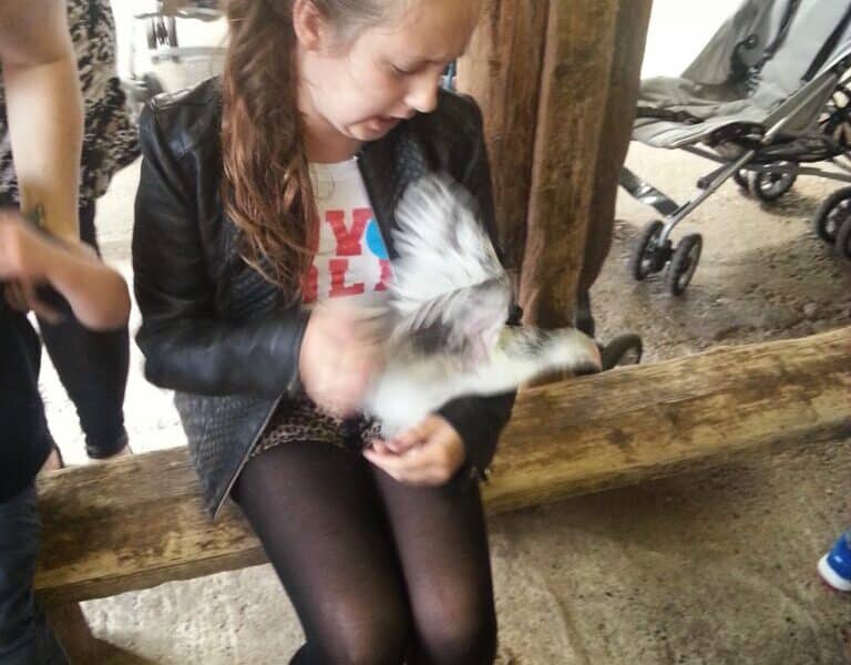 A young girl with long brown hair, wearing a black jacket, black leggings, and bright pink trainers, sits on a wooden bench indoors. She smiles and holds a small, white-feathered animal. Blurred people and a pushchair are visible in the background.