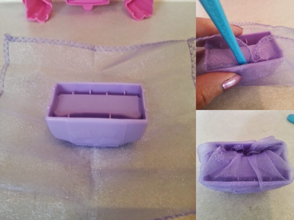 Three photos show steps to create a tutu for a toy: Left, a square of shimmery purple fabric with a purple plastic piece on top. Top right, a hand uses a blue tool to tuck fabric into the piece. Bottom right, the fabric is gathered inside the piece like a skirt.