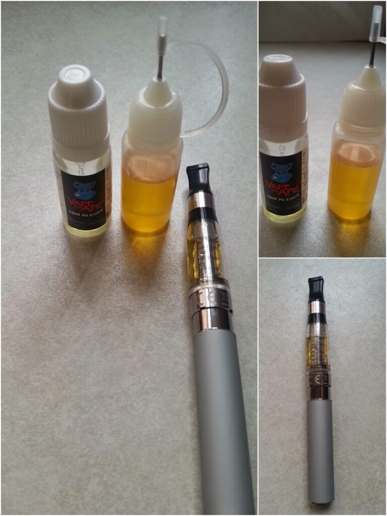 Three images show vape liquid bottles and a vape pen. The main image features two bottles of yellow vape oil, one with a needle tip, and a silver vape pen with a clear cartridge. The other images show the bottles and the vape pen separately on a light surface.