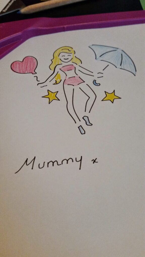 A hand-drawn image of a smiling woman with blonde hair in a pink dress, holding a red heart balloon and a blue umbrella, surrounded by two yellow stars. Below, “Mummy x” is written in black cursive on white paper.