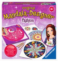 A purple box labelled "Original Mandala-Designer Fashion" by Ravensburger, for ages 6+, features mandala drawing tools, colourful finished mandala designs, and a cartoon girl with long brown hair and fashionable clothes on the right side.