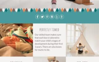 A promotional leaflet for ALMONDELLA, a monthly subscription box for babies and new parents. The leaflet has photos of parents and children playing, and text highlighting features: tailored boxes, free delivery, eco-friendly products, and flexible subscriptions.