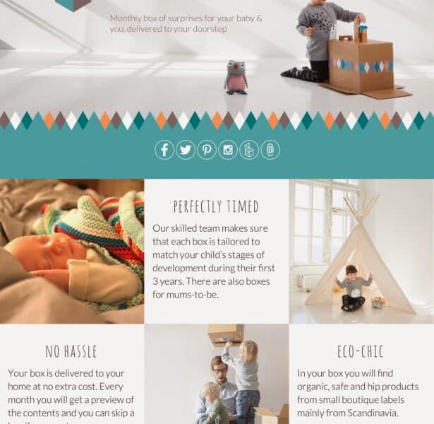 A promotional leaflet for ALMONDELLA, a monthly subscription box for babies and new parents. The leaflet has photos of parents and children playing, and text highlighting features: tailored boxes, free delivery, eco-friendly products, and flexible subscriptions.