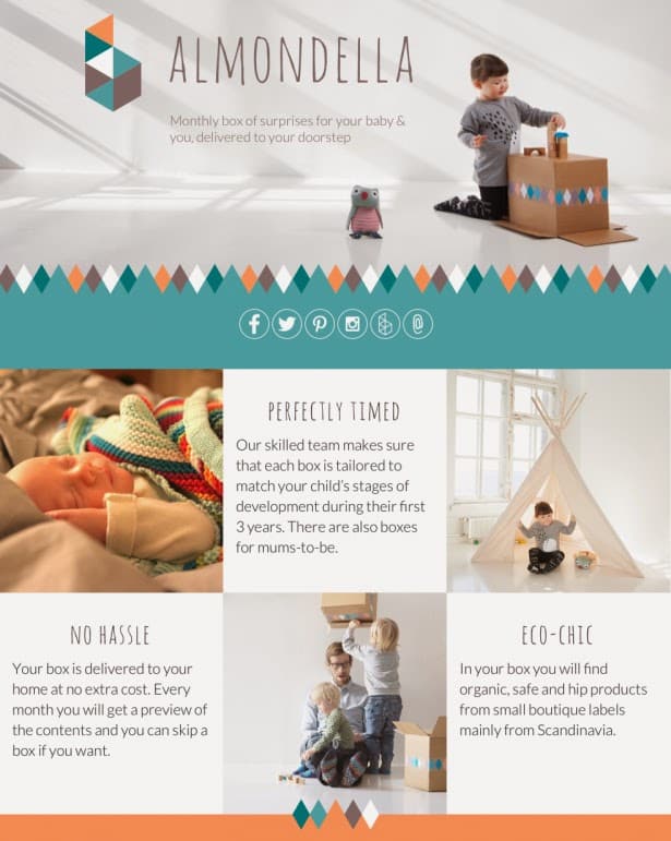 A promotional leaflet for ALMONDELLA, a monthly subscription box for babies and new parents. The leaflet has photos of parents and children playing, and text highlighting features: tailored boxes, free delivery, eco-friendly products, and flexible subscriptions.