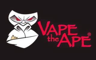 A stylised, white cartoon gorilla head with red eyes and a fierce expression is on the left. To the right, bold red text reads "VAPE the APE" on a black background, with "the" in smaller yellow letters.