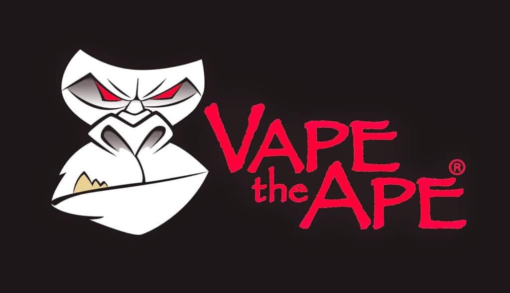A stylised, cartoonish white ape with red eyes and a fierce expression is on the left. Next to it, the text "VAPE the APE" appears in bold, red, jagged letters on a black background.