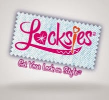 The image shows the Locksies logo, with the brand name in pink cursive letters. The letter “i” is dotted with a heart and the “o” has a starburst inside. Below, pink text reads, “Get Your Lock on Style®.” The background resembles stitched fabric.