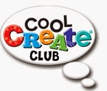 A white speech bubble with the words "Cool Create Club" inside. "Create" is in large, colourful letters with playful patterns, while "Cool" and "Club" are in smaller, plain black text. Two smaller dots suggest a thought bubble.