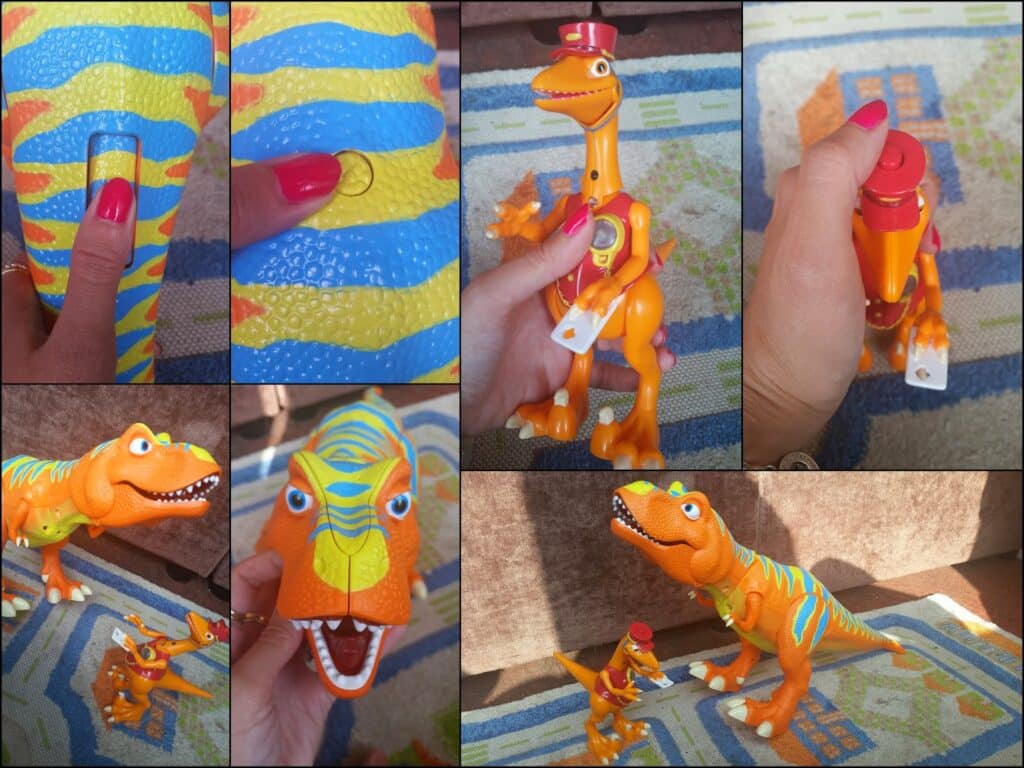 A collage shows a person pressing a button on a colourful toy dinosaur's back, making its mouth open wide. The dinosaur is orange with blue and yellow stripes, wearing a red hat, and standing on a carpet with a smaller dino by its side.