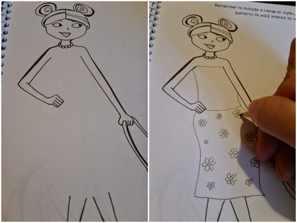 A side-by-side image shows a colouring book figure of a woman. On the left, her dress is blank; on the right, a hand is drawing flower and swirl patterns on her skirt with a pencil, adding decorative details to the outfit.