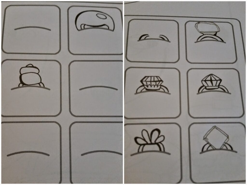 A worksheet shows two grids of six boxes each. Each box contains the top part of a cartoon character’s head with unique features like hats, horns, gems, or bows, peeking over a horizontal line, with blank lower halves.
