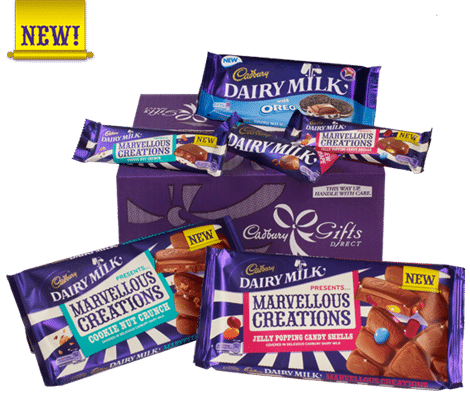 A selection of Cadbury Dairy Milk chocolate bars, including Oreo and Marvellous Creations flavours, is arranged in front of a purple Cadbury Gifts box. Each brightly coloured chocolate wrapper is labelled "NEW!" with images of the chocolate pieces on the wrappers.