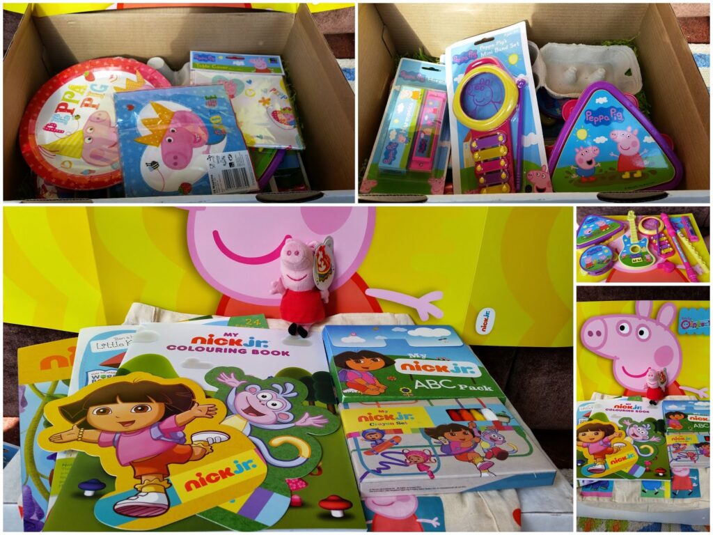 A collage shows Peppa Pig-themed party supplies, toys, books, and games. Items include colouring books (featuring Dora and Nick Jr.), stickers, a Peppa Pig soft toy, puzzles, and party plates, all displayed in colourful packaging.