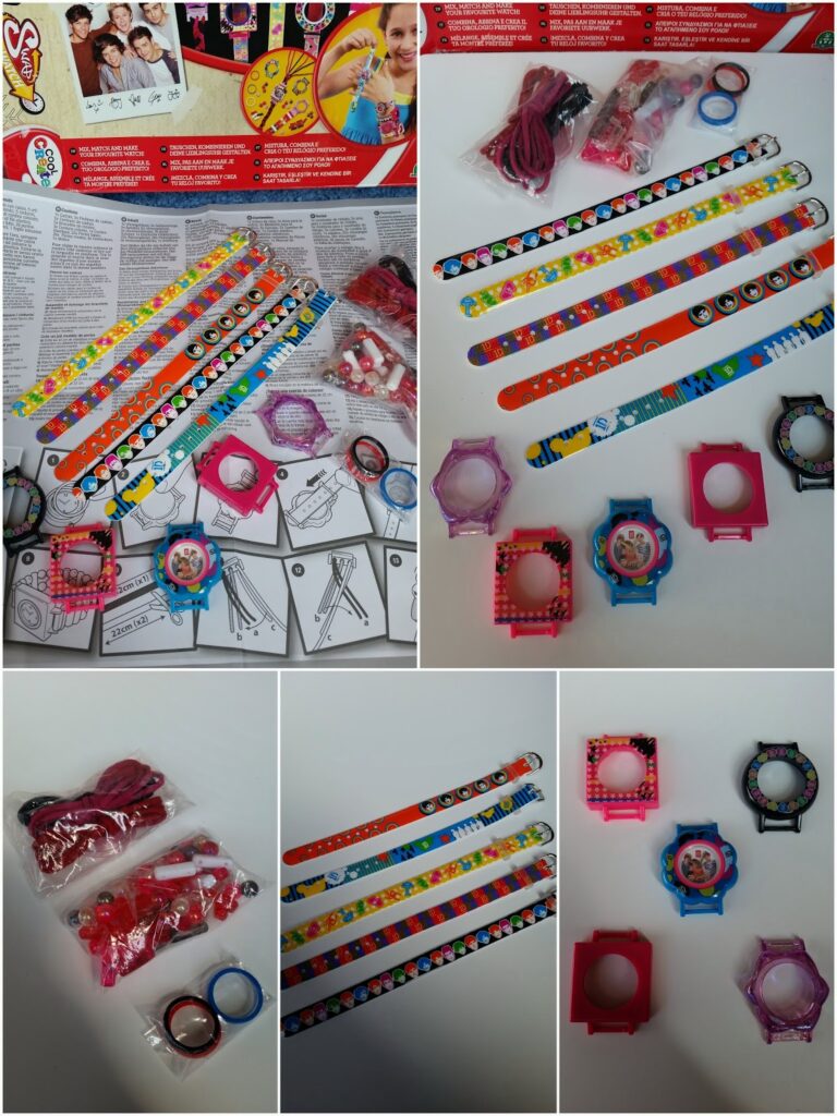 A collage of images showing a DIY children's watch kit. It includes colourful slap bracelets, various watch faces, pink and red plastic watch parts, instruction sheets, and small bags of assembly pieces. Some images show parts separated, others show items grouped.