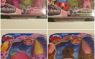 A collage of four boxed toy dolls from "The Zelfs" Zealicious series. Each box features a colourful Zelf character: Bubblee, Vampula, Buttershy, and Chocolala, each with themed accessories and pink, playful packaging.
