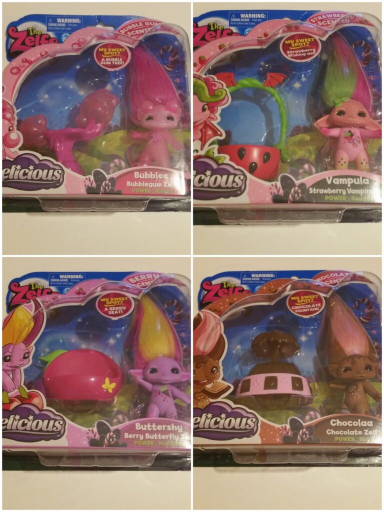 A collage of four boxed Zealicious Zelfs dolls: Bubblee (pink, bubblegum-themed), Vampula (pink, strawberry vampire-themed), Buttershy (yellow and purple, butterfly with berry-themed wings), and Chocolaa (brown, chocolate-themed), each with related accessories.