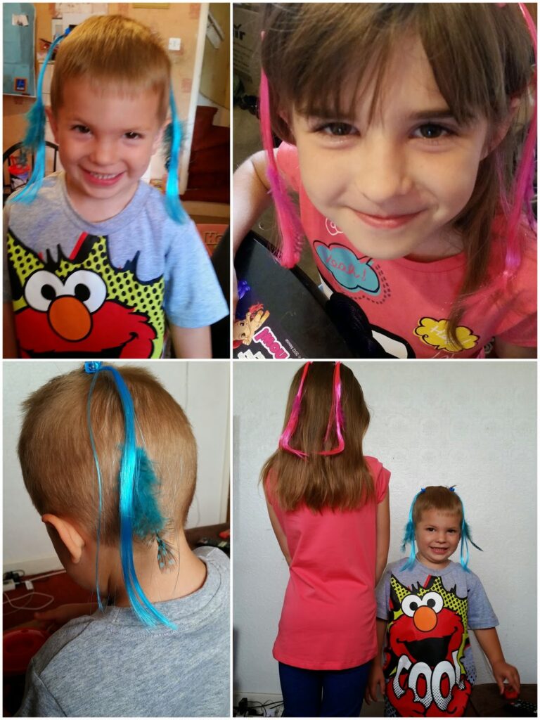 A collage of two children, a boy and a girl, both smiling and wearing colourful clip-in hair extensions—the boy has blue, the girl has pink. The bottom images show the extensions from behind, and both children stand against a white wall.