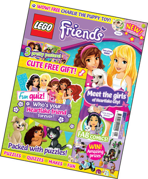A colourful LEGO Friends magazine cover features cartoon girls, animals, and text promoting quizzes, comics, posters, puzzles, and prizes. Headline reads “Meet the girls of Heartlake City!” with playful graphics and a pink, purple, and yellow colour scheme.