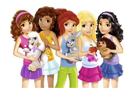 Five animated girls stand together, each holding a different animal: a white poodle, a grey bunny, a brown dog, a hedgehog, and a brown rabbit. The girls wear colourful skirts and tops, smiling as they pose side by side against a plain background.