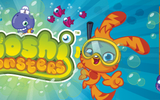 Colourful banner featuring cartoon Moshi Monsters underwater with snorkelling gear. Bubbles and small sea creatures surround them. On the right, a framed sign says “SPLASH DOWN WITH US!” in bold yellow text against a blue background.