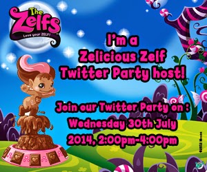 Colourful cartoon image promoting “The Zelfs” Twitter Party. A pink-haired, elf-like character poses atop a tree stump in a whimsical, vibrant landscape. Text invites viewers to join a Twitter Party on 30 July 2014, from 2:00pm–4:00pm.