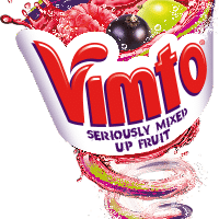 A colourful Vimto logo with the words "Seriously Mixed Up Fruit." The design shows a swirling vortex of red liquid, splashes, and whole fruits including grapes, raspberries, and blackcurrants, emphasising the fruity drink.