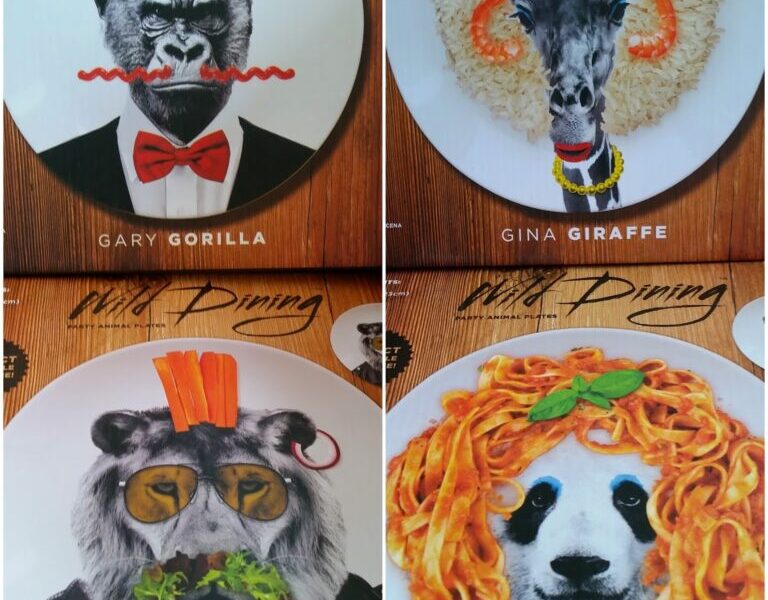 A collage of four animal portraits on plates: a gorilla with a yellow-and-red food crown, a giraffe with orange curls and parsley, a lion with sunglasses, carrot strips, and lettuce mane, and a panda with spaghetti hair. Names: Gary Gorilla, Gina Giraffe, Larry Lion, Patricia Panda.