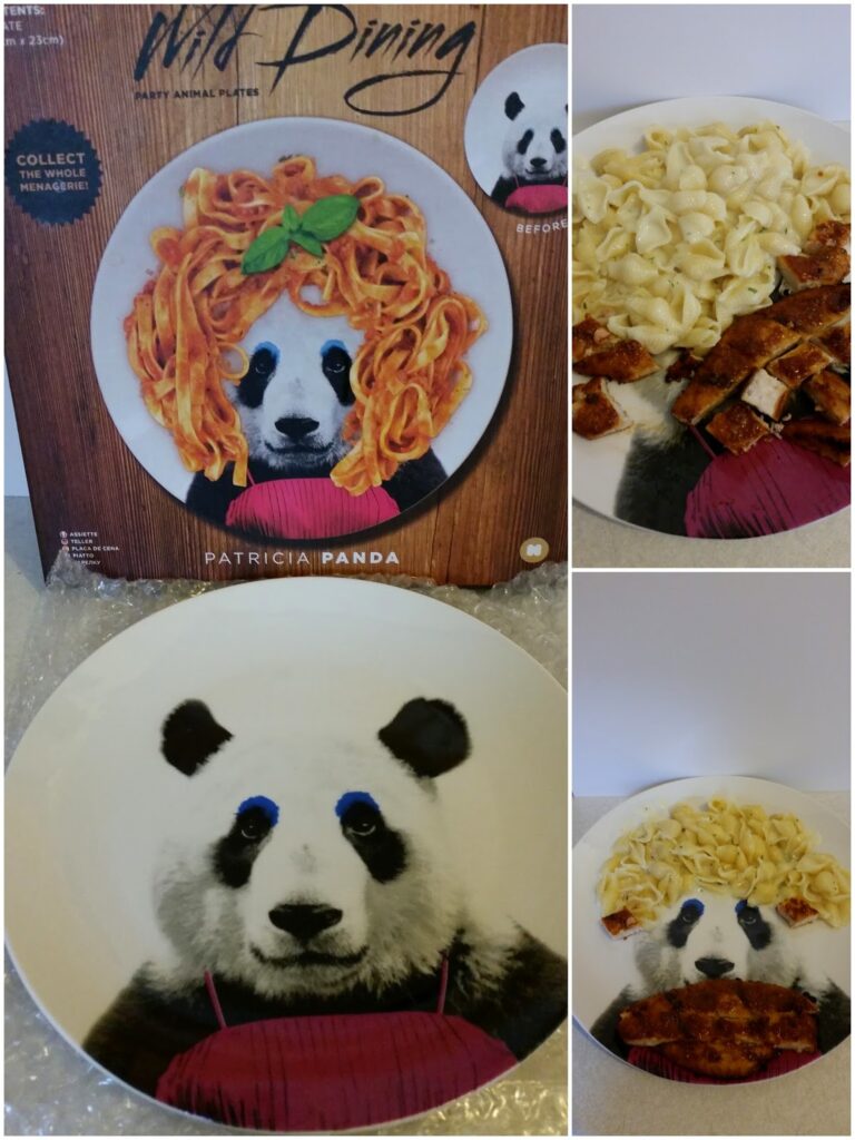 A plate features a panda with drawn-on red lips and a pasta-and-basil wig. The plate is shown next to its "Wild Dining" box and a meal of pasta and breaded chicken. Close-ups highlight the panda's face and the pasta styled as hair.