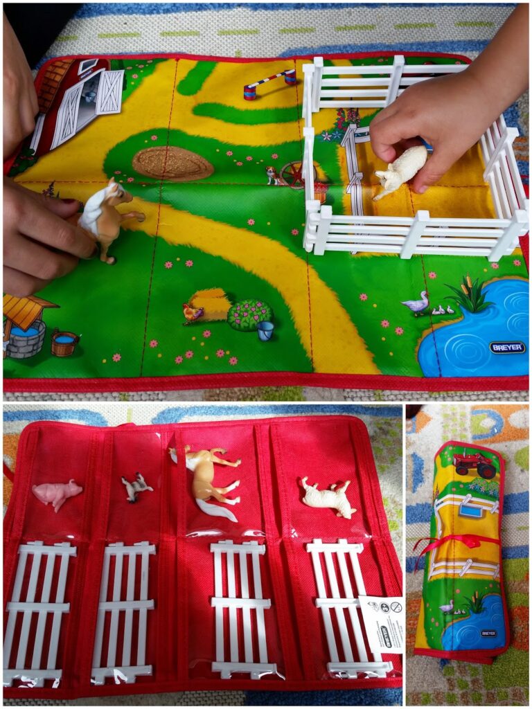 Collage of three photos: A child's hand arranges toy farm animals and white fences on a colourful farm-themed play mat. Other images show the mat rolled up and unrolled, with toy animals and fence pieces stored in red pockets.