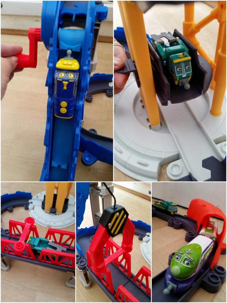 A collage of five images shows a colourful plastic toy train set. Various toy trains and bridges are featured, with close-ups of a yellow and blue train on a lift, a green train on a turntable, a red bridge, and a green train on curved tracks.
