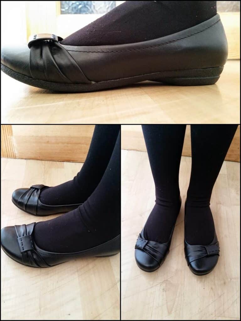 A collage of three photos shows a person wearing black ballet pumps with a bow on the toe and black tights, standing on a light wooden floor. The top photo is a side view of one foot; the bottom two show both feet from the front and at an angle.